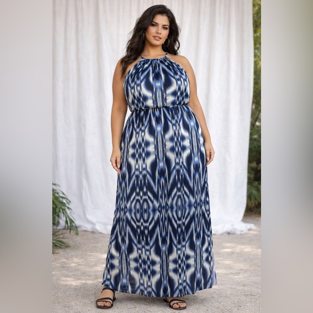 Soprano Blue & Ivory Abstract Halter Maxi Dress (1153-2XL-2)
